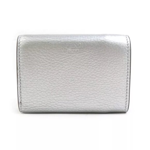 Auth FENDI Trifold Wallet Compact Wallet Silver Leather/Metal - Picture 2 of 8
